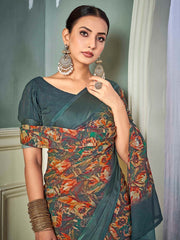 ساري نسائي رمادي مطبوع من الشيفون بتصميم أنيق مع قطعة بلوزة