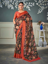 ساري نسائي بني مطبوع من الشيفون بتصميم أنيق مع قطعة بلوزة