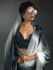 Women's Satin Silk Grey Half & Half Designer Saree With Blouse Piece