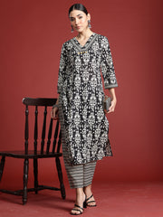 Black Printed Straight Kurta Trousers Set