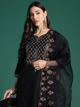 Black Embroidered Straight Kurta Trousers With Dupatta Set