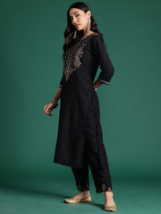 Black Embroidered Straight Kurta Trousers With Dupatta Set