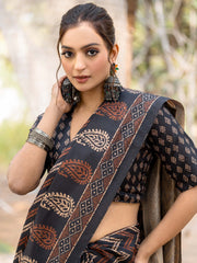 Women's Silk Blend Black Printed Designer Saree With Blouse Piece