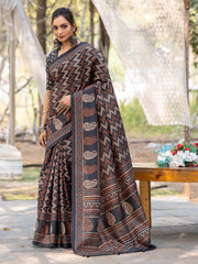 Women's Silk Blend Black Printed Designer Saree With Blouse Piece