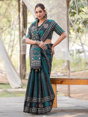 Women's Silk Blend Black Printed Designer Saree With Blouse Piece