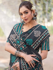 Women's Silk Blend Black Printed Designer Saree With Blouse Piece