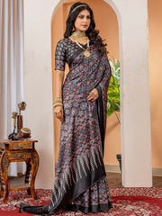 Women's Crepe Black Digital Print Designer Saree With Blouse Piece