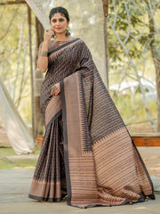 Women's Silk Blend Black Printed Designer Saree With Blouse Piece