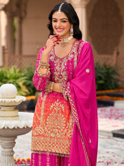Pink Embroidered Straight Kurta Palazzos With Dupatta Set