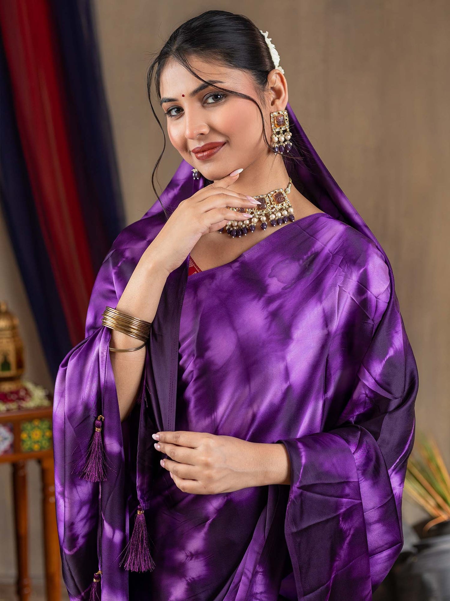 Women's Satin Silk Purple Printed Designer Saree With Blouse Piece