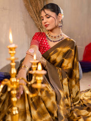 Women's Satin Silk Brown Printed Designer Saree With Blouse Piece