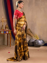 Women's Satin Silk Brown Printed Designer Saree With Blouse Piece