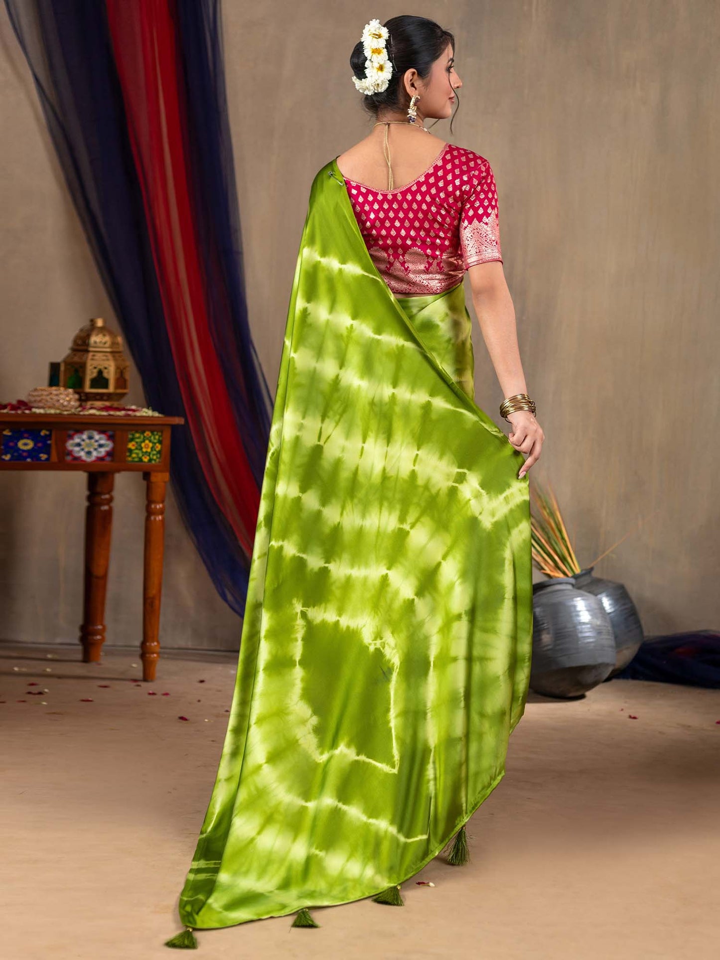 Women's Satin Silk Light Green Printed Designer Saree With Blouse Piece