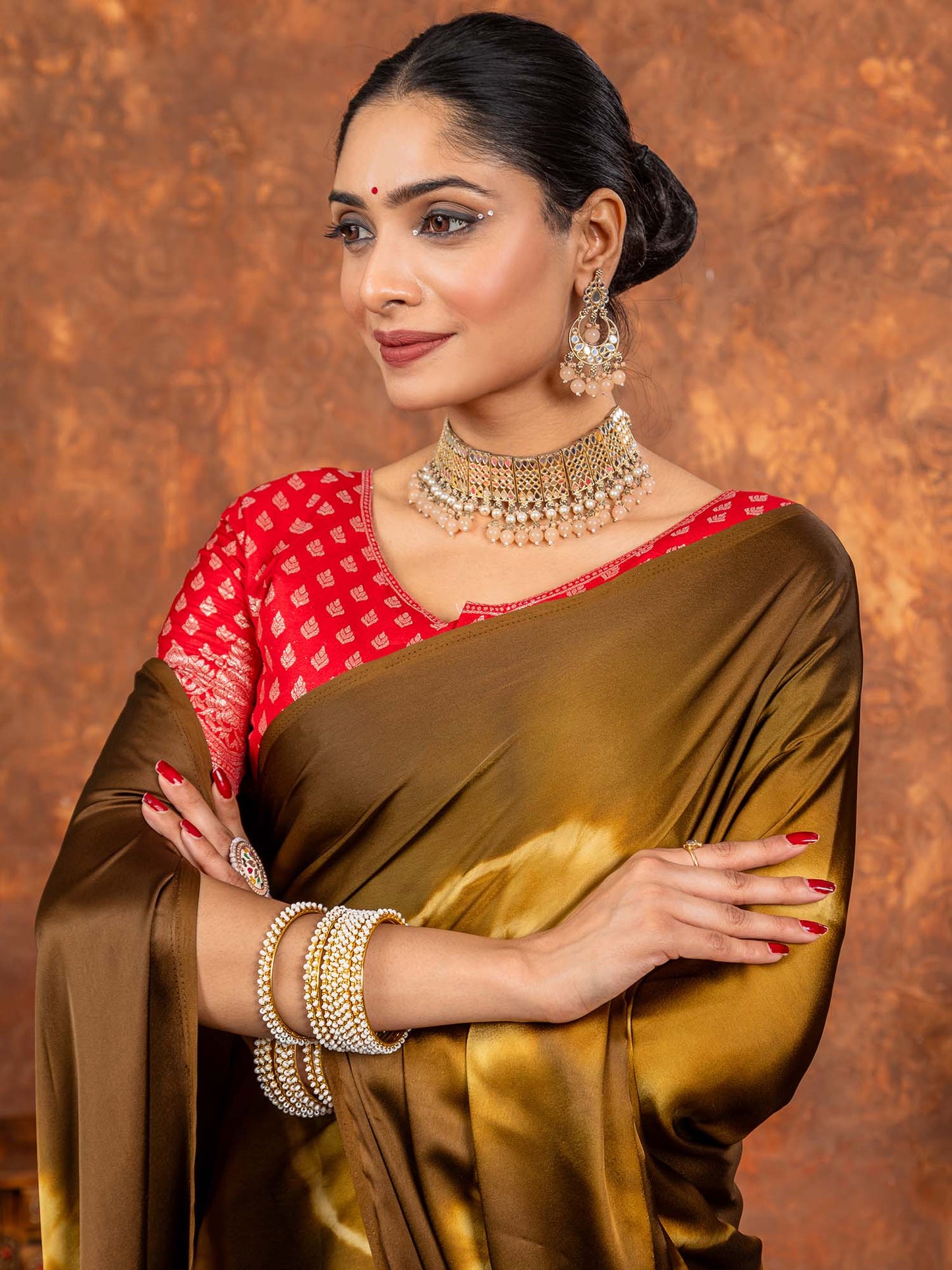 Women's Satin Silk Brown Printed Designer Saree With Blouse Piece