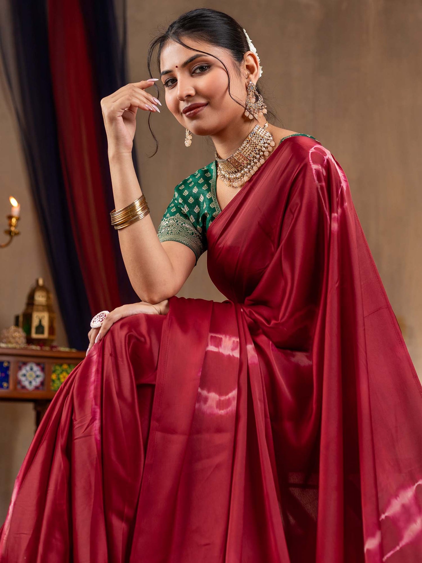 Women's Satin Silk Magenta Printed Designer Saree With Blouse Piece