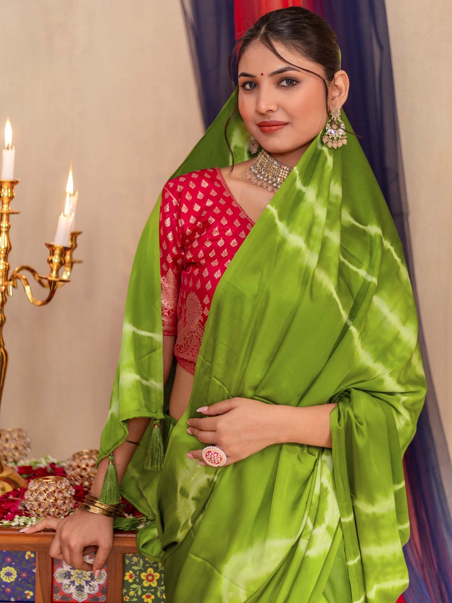Women's Satin Silk Light Green Printed Designer Saree With Blouse Piece