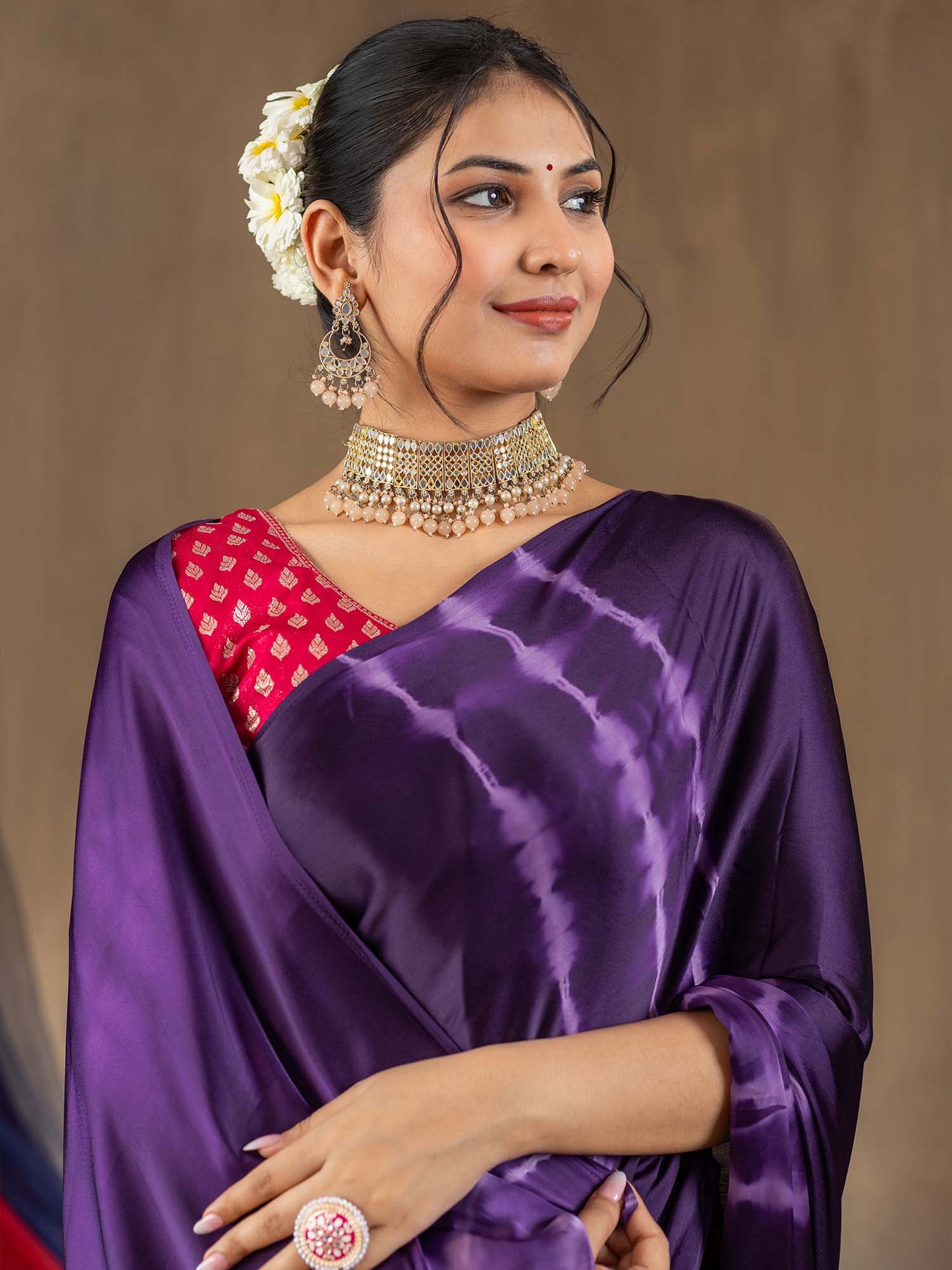Women's Satin Silk Purple Printed Designer Saree With Blouse Piece