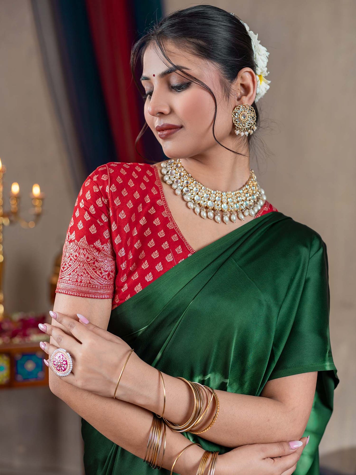 Women's Satin Silk Green Printed Designer Saree With Blouse Piece