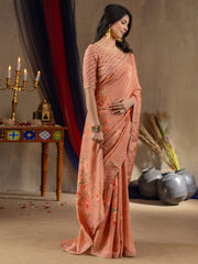 Women's Viscose Peach Printed Designer Saree With Blouse Piece