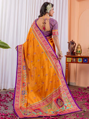 Women's Silk Blend Yellow Printed Designer Saree With Blouse Piece