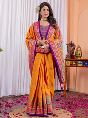 Women's Silk Blend Yellow Printed Designer Saree With Blouse Piece