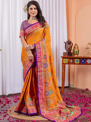 Women's Silk Blend Yellow Printed Designer Saree With Blouse Piece