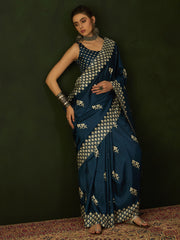 Women's Cotton Blend Teal blue Printed Designer Saree With Blouse Piece