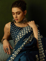 Women's Cotton Blend Teal blue Printed Designer Saree With Blouse Piece