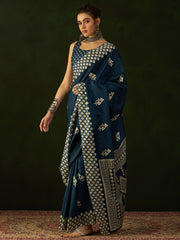 Women's Cotton Blend Teal blue Printed Designer Saree With Blouse Piece