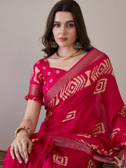 Women's Silk Blend Pink Printed Designer Saree With Blouse Piece