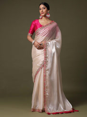 Women's Net Cream Embroidered Designer Saree With Blouse Piece