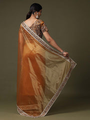 Women's Net Gold Solid Designer Saree With Blouse Piece