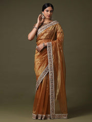 Women's Net Gold Solid Designer Saree With Blouse Piece