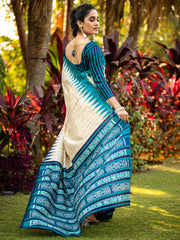 ساري نسائي من حرير بهجالبوري بيج مطبوع بتصميم أنيق مع قطعة بلوزة