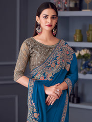 Women's Satin Blue Embellished Designer Saree With Blouse Piece