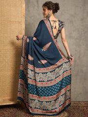 Women's Pure Crepe Teal blue Printed Designer Saree With Blouse Piece