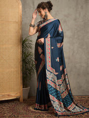 Women's Pure Crepe Teal blue Printed Designer Saree With Blouse Piece
