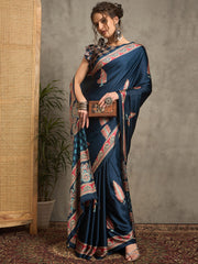 Women's Pure Crepe Teal blue Printed Designer Saree With Blouse Piece