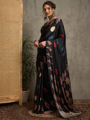 Women's Pure Crepe Black Printed Designer Saree With Blouse Piece