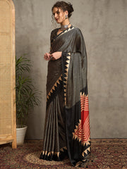 Women's Pure Crepe Black Printed Designer Saree With Blouse Piece