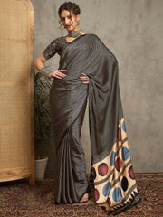 Women's Pure Crepe Black Printed Designer Saree With Blouse Piece