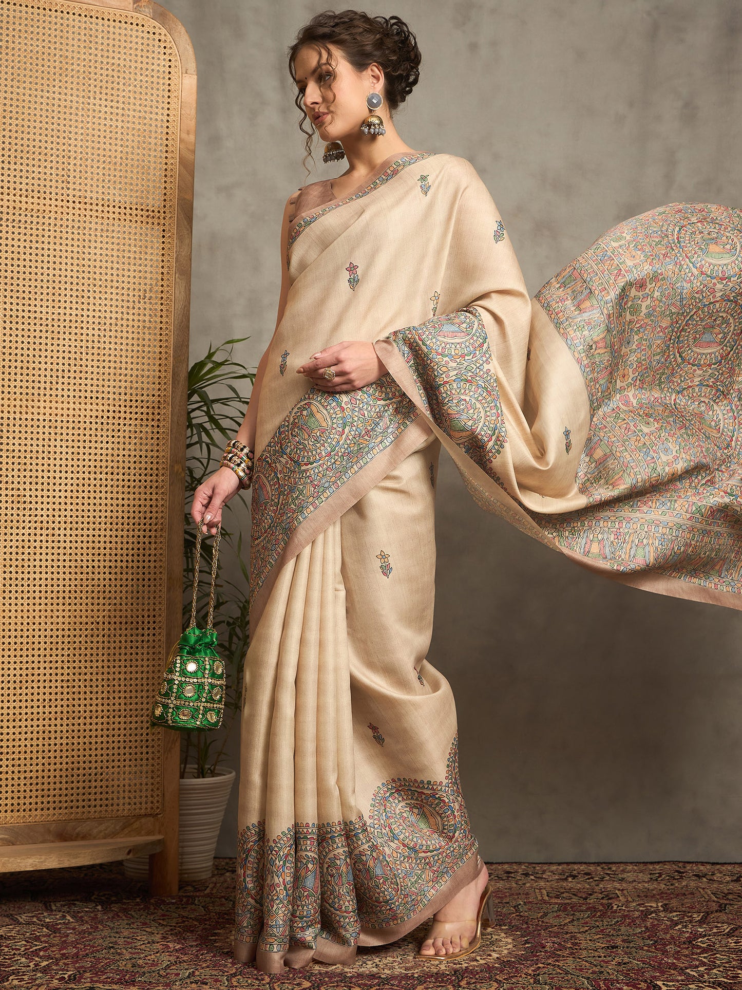 Women's Silk Blend Beige Printed Designer Saree With Blouse Piece