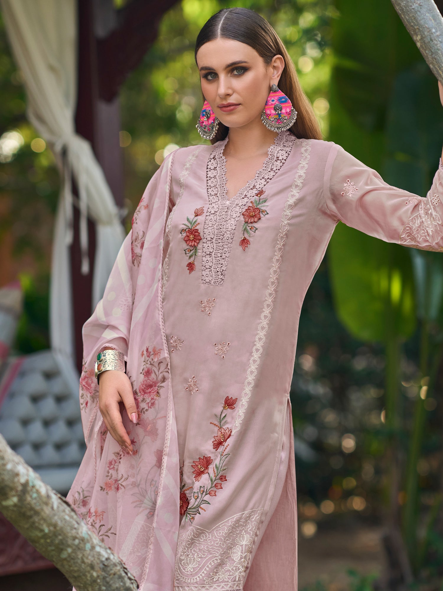 Pink Embroidered Straight Kurta Trousers With Dupatta Set