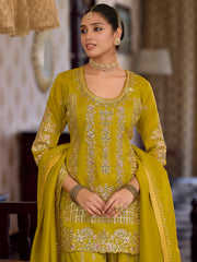 Mustard Embroidered Straight Kurta Palazzos With Dupatta Set