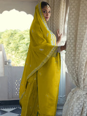 Mustard Embroidered Straight Kurta Palazzos With Dupatta Set