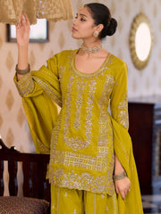 Mustard Embroidered Straight Kurta Palazzos With Dupatta Set