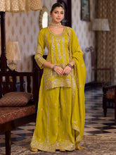 Mustard Embroidered Straight Kurta Palazzos With Dupatta Set