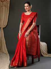 Women's Viscose Red Woven Design Designer Saree With Blouse Piece