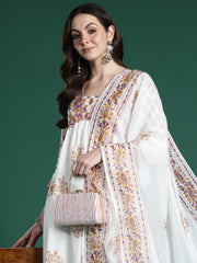 White Printed A-Line Kurta Trousers With Dupatta Set
