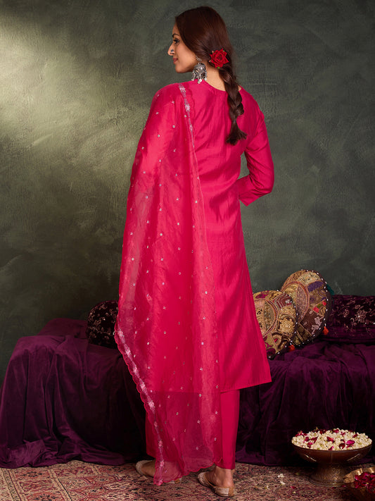 Pink Embroidered Straight Kurta Trousers With Dupatta Set